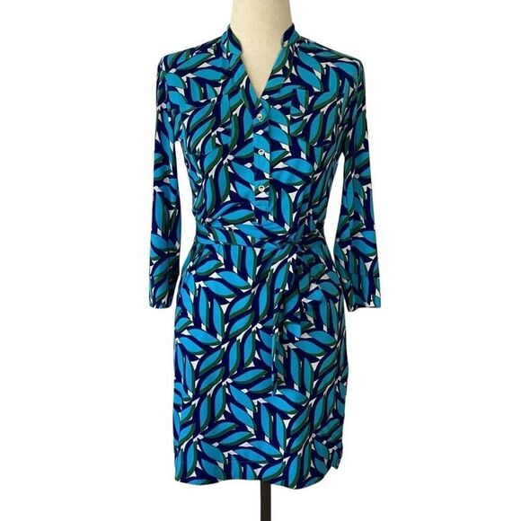 Donna Morgan Collared Shirt Dress Geometric Women’s 4 Tie Waist - Picture 2 of 10